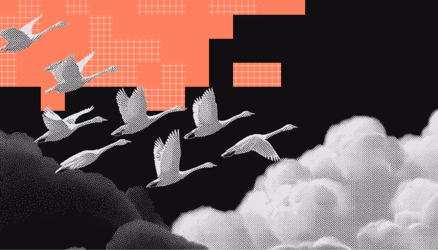 Illustration of a flock of white swans flying over stylized black and white clouds with a pixelated coral and white grid background.