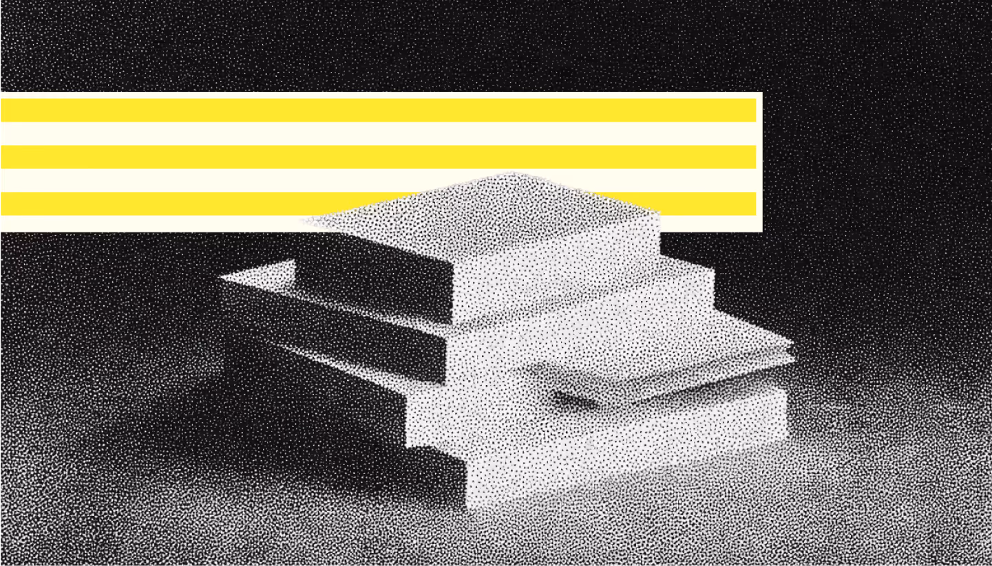Abstract architectural illustration in black and white with yellow horizontal stripes in the background.